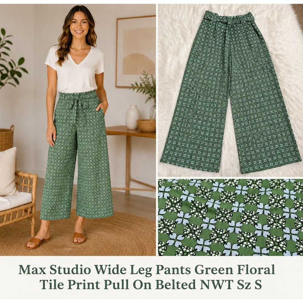 Max Studio Wide Leg Pants Green Blue Floral Tile Print Pull On Belted NWT Sz S